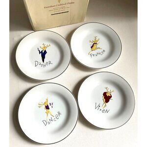 Vintage 2003 Pottery Barn Reindeer Cocktail Plates DAsher DAncer Prancer Vixen